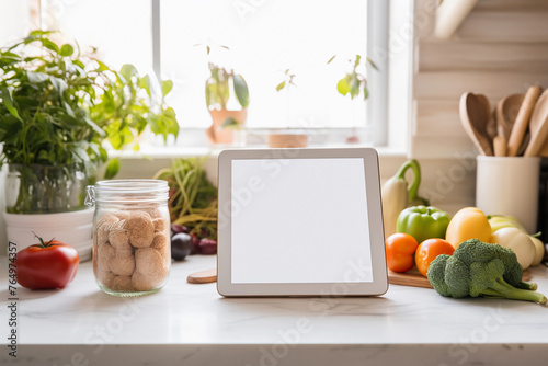 Modern Kitchen with Fresh Vegetables and Digital Tablet