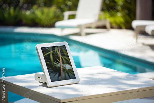 Luxury Poolside Relaxation with Tablet and Stylus
