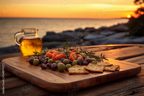 Mediterranean Snacks on Wooden Board Overlooking Sunset by the Sea