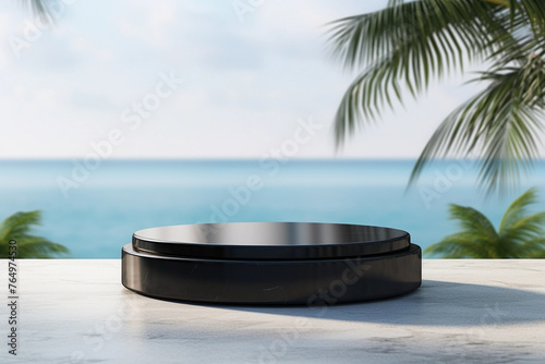 3D Rendering of Black Circular Platform with Tropical Beach Backdrop