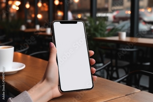 Hand Holding Smartphone with Blank Screen in Cafe