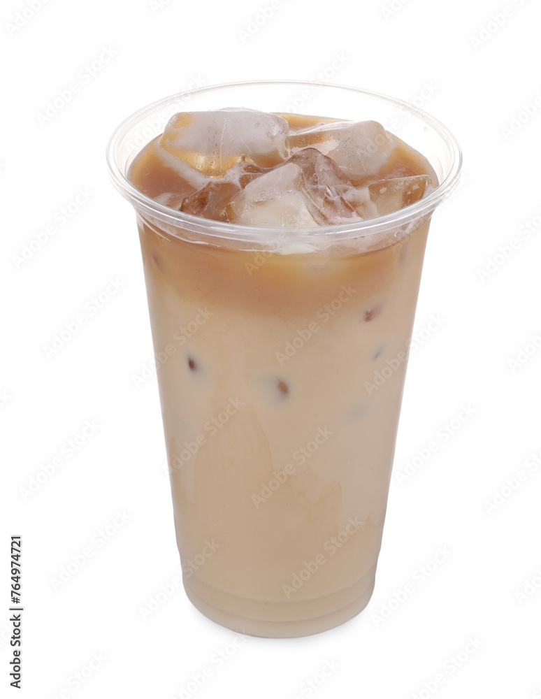 Plastic cup of fresh iced coffee isolated on white Plastic cup of fresh iced coffee isolated on white
