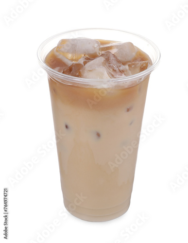 Plastic cup of fresh iced coffee isolated on white