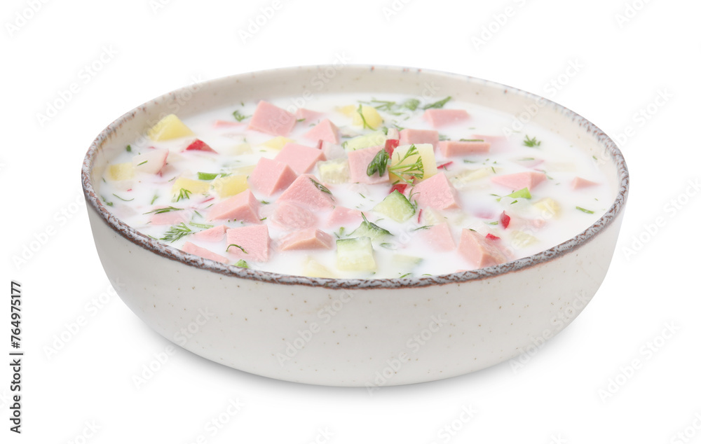 Delicious cold summer soup (okroshka) with boiled sausage in bowl isolated on white Delicious cold summer soup (okroshka) with boiled sausage in bowl isolated on white
