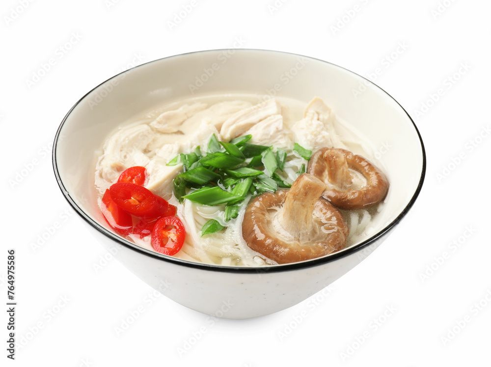 Delicious ramen with meat and mushrooms in bowl isolated on white. Noodle soup Delicious ramen with meat and mushrooms in bowl isolated on white. Noodle soup