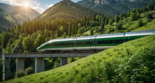 Green energy and transportation concept with fast train driving through lush green landscape with forests and mountains