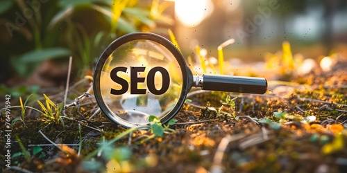 SEO analysis with magnifying glass tech business tool for optimizing website traffic. Concept SEO Analysis, Magnifying Glass Tech, Website Traffic, Optimization, Business Tool