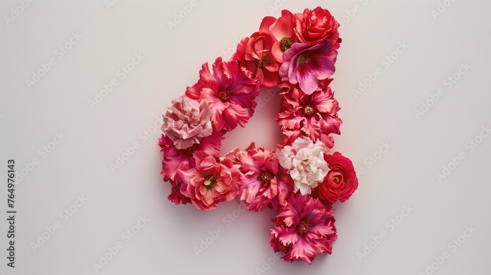 a vibrant flat lay composition featuring colorful flowers, leaves, and the number four arranged in a layout, captured from a top-view perspective for an eye-catching display.