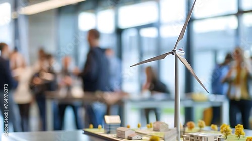 Sustainable Energy: A Captivating Depiction of ESG Through a Wind Turbine Model, Set Against a Subtly Blurred Office Background, Symbolizing Harmonious Integration of Green Initiatives