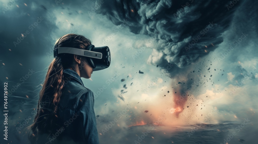 Obraz premium A female is in a virtual fantasy world of close contact with twister funnel when wearing VR headset.