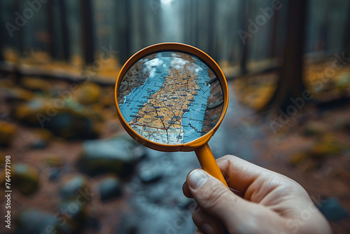 Hand holding a magnifying glass over a map photo