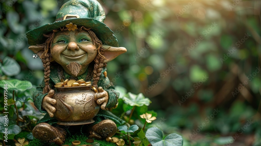 Smiling Leprechaun Statue Holding Pot of Gold Coins