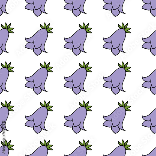 Seamless pattern in wondrous Campanula on white background. Vector image.