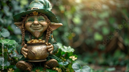 Smiling Leprechaun Statue Holding Pot of Gold Coins