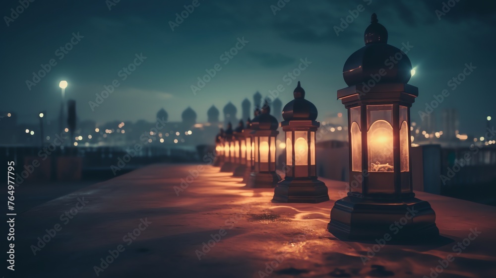 Obraz premium islamic lantern background Ideal for ramadhan festive, eid fitr, eid adha, islamic background , cozy, warm, holidays, invitations, and decorations, ratio 16:9px