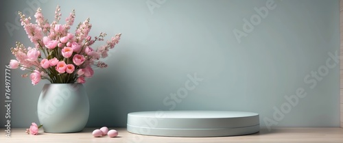 Easter product presentation display. Spring product promotion pedestal. Generative AI.