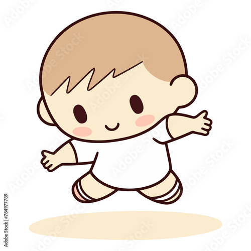 Cute baby boy running isolated on white background.