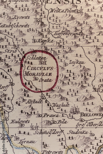Old historical map with territory and rivers.