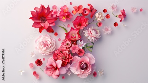 a vibrant flat lay composition featuring colorful flowers, leaves, and the number seven arranged in a layout, captured from a top-view perspective for an eye-catching display.