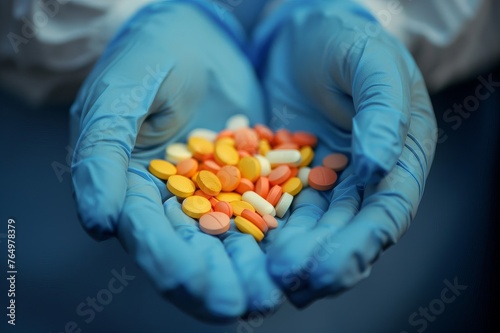 Person in Blue Gloves Holding Handful of Pills