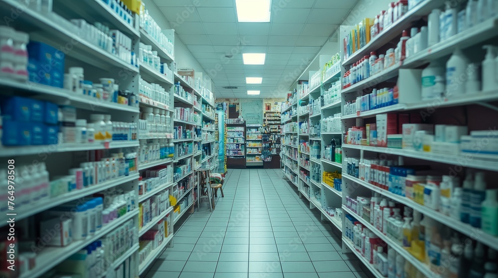 Extensive Aisle of Shelves Filled With Medicine