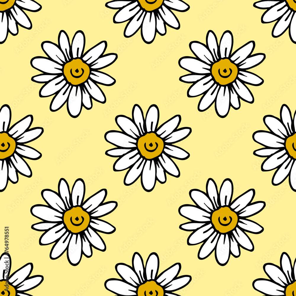 Seamless pattern in wondrous Chamomile on yellow background. Vector image.