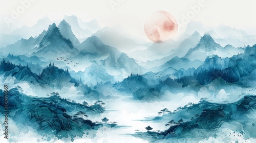 Chinese cloud decorations with a blue and green watercolor background in a vintage style. Abstract art landscape elements Asian traditional icon.