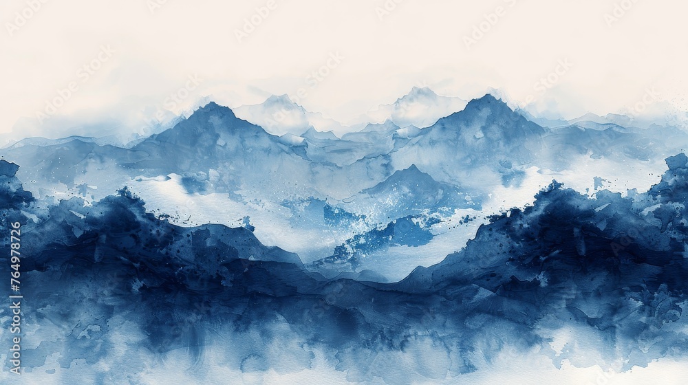 Japanese ocean wave pattern on blue brush stroke texture. Abstract art landscape banner with watercolor texture. Japanese ocean wave pattern on blue brush stroke texture. Abstract art landscape banner with watercolor texture.