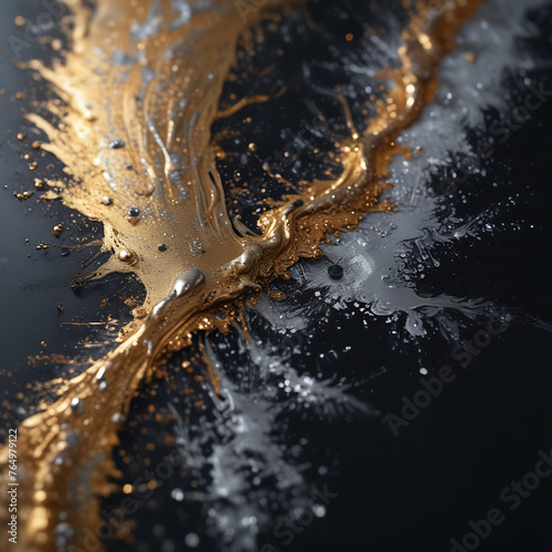 Gold oil paint flows on a black canvas, silver splashes and streaks of brilliant shine. Graphic, Marble image.