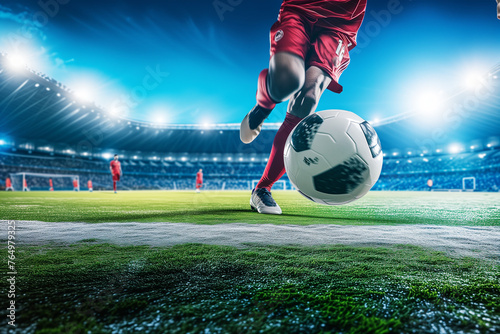 Soccer player's legs kicking the ball in close-up against the background of a sports stadium. Copy space.