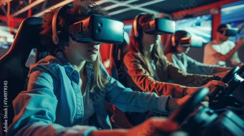 People play car racing video games with VR headset in virtual world.