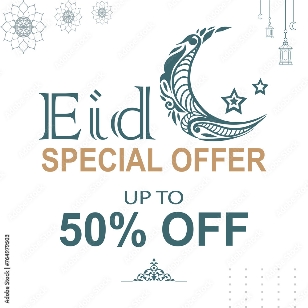 Eid sale, design with crescent moon, and flat 50% discount offers on beige background .Eid special offer. Eid mega sale. Up to 50% off. theme vector EPS editable file.