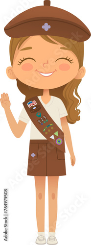 Young smiling girl scout wearing sash with badges isolated on white background. Female scouter, Brownie ligue Scout Girls troop