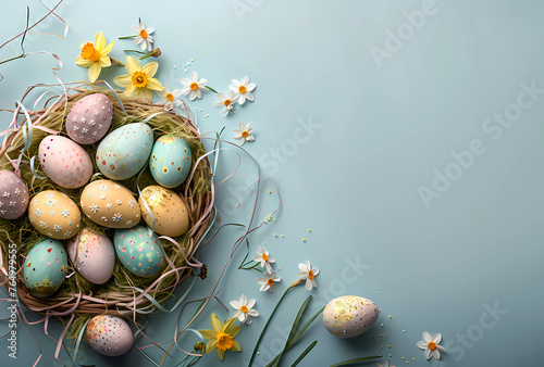 Easter basket with colorful eggs and daffodils on blue background
