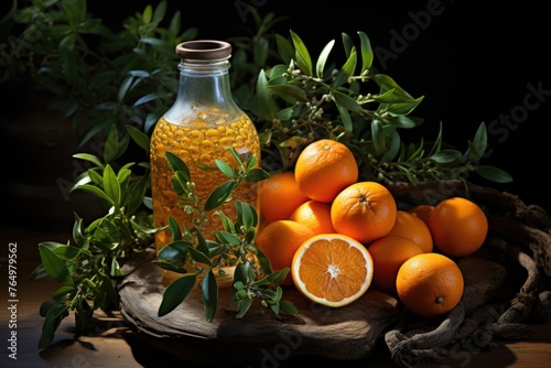Succulent fruits of tangerine and orange juice bottle on the stone table, generative IA