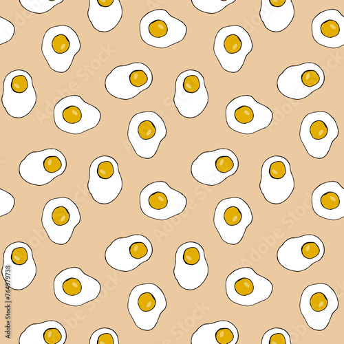 Seamless pattern in wondrous fried eggs on beige background. Vector image.