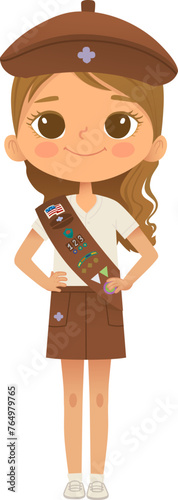 Young smiling girl scout wearing sash with badges isolated on white background. Female scouter, Brownie ligue Scout Girls troop