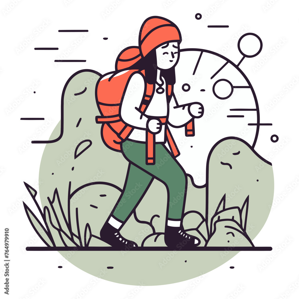 Young woman hiker with backpack hiking in nature.