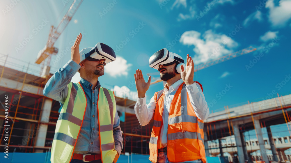 Two construction workers with virtual reality headsets gesticulating on a building site under a blue sky. - obrazy, fototapety, plakaty 