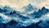 The design is a geometric pattern with Chinese wave decorations in a vintage style, using a blue watercolor texture. An abstract artwork landscape, with mountains, ocean, and waves.