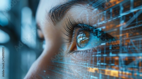 Close-up of a woman's eye reflecting intricate data visualization patterns, symbolizing high-tech analysis and surveillance.