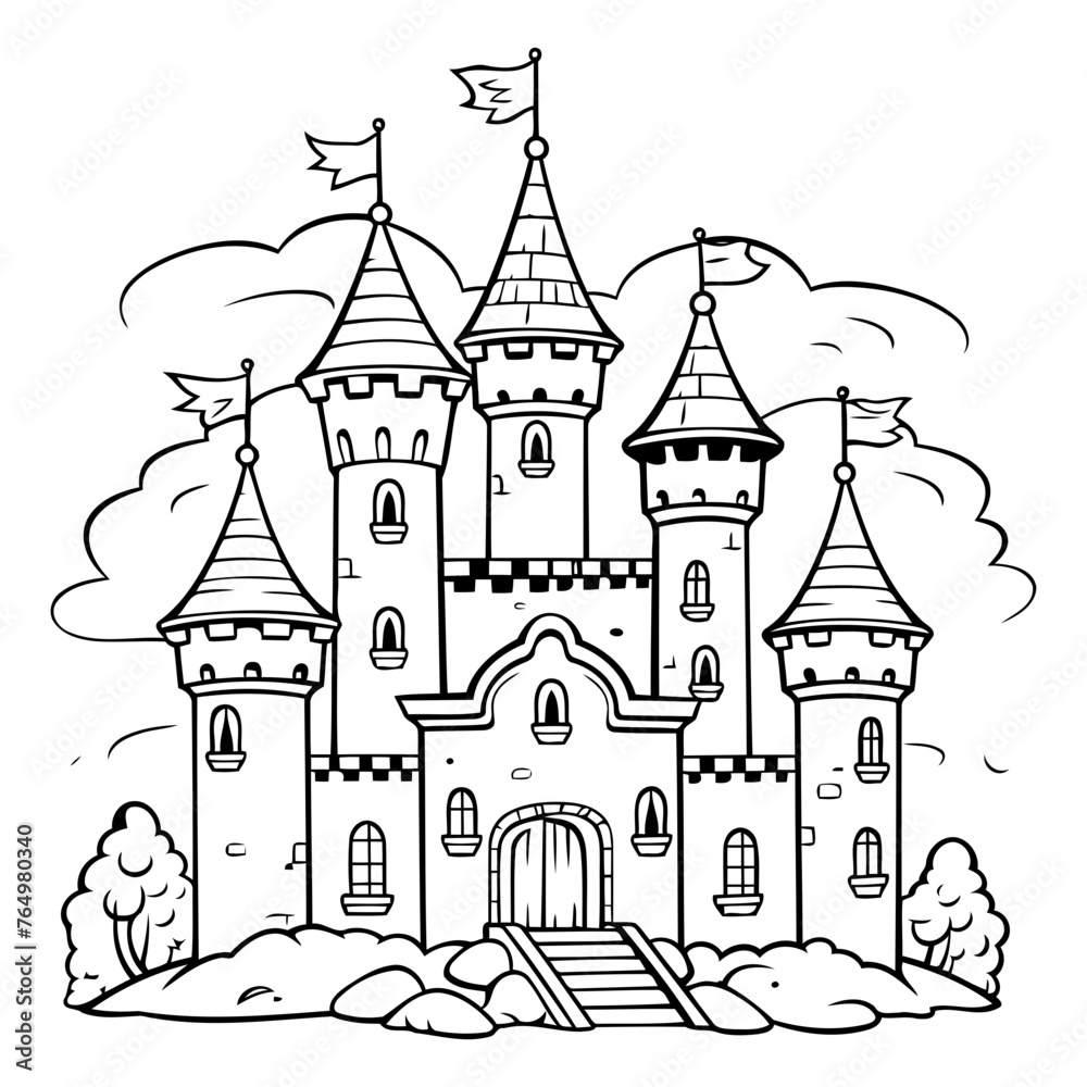 Cartoon castle. Fairy tale castle. Black and white vector illustration