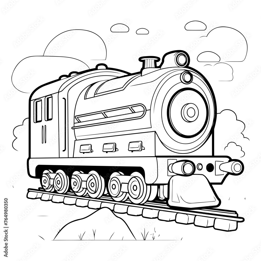 Steam locomotive on the rails. Coloring book for children