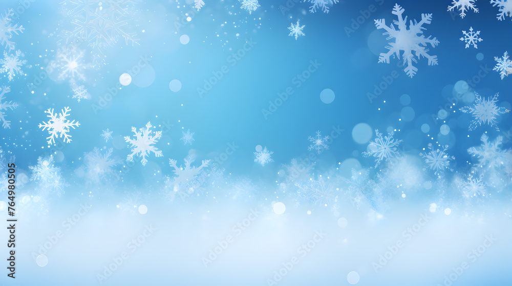 christmas background with snowflakes.Winter Wonderland Vector Illustration Of Falling Snowflakes Against A Blue Sky Background, 