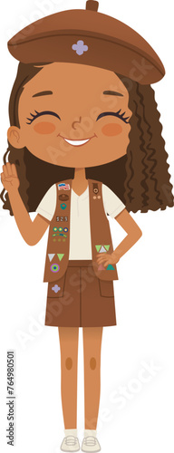 Smiling African American girl scout wearing vest with badges isolated on white background. Female scouter, Brownie ligue Scout Girls troop