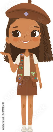 Smiling African American girl scout wearing vest with badges isolated on white background. Female scouter, Brownie ligue Scout Girls troop