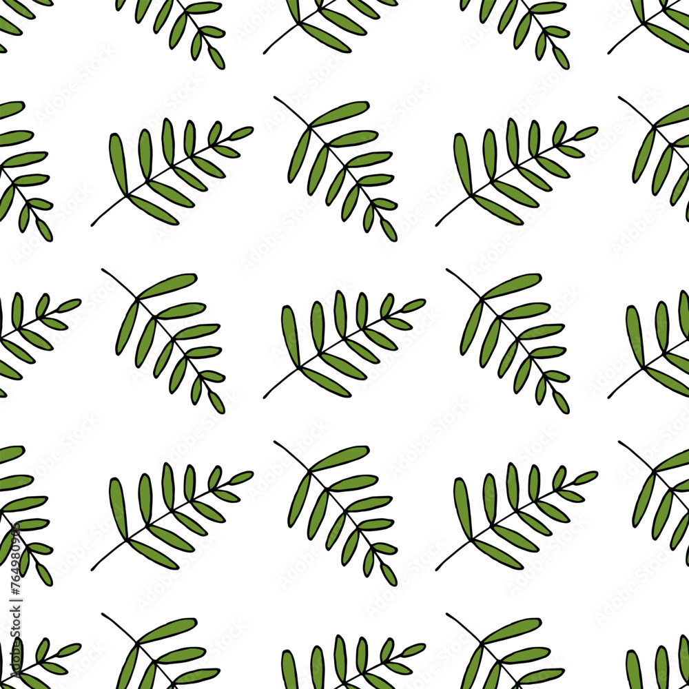 Seamless pattern in wondrous green branches on white background. Vector image. - obrazy, fototapety, plakaty 