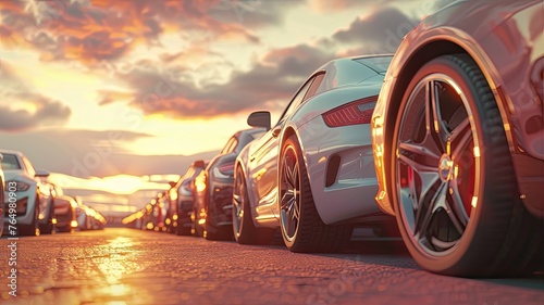 a row of modern cars displayed for sale on a car lot, set against a stunning sky background bathed in sunlight, presented in a photo-realistic, high-resolution style devoid of brand logos.