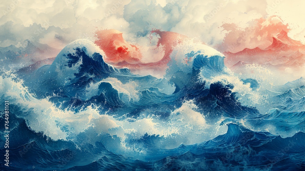 An art chinese landscape banner, featuring a hand-drawn wave in vintage style. An element in which water appears with a blue watercolor texture.