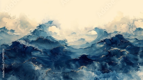 Modern illustration of Japanese background with blue watercolor painting element. Oriental natural wave pattern with ocean sea decoration banner design in vintage style. Marine theme. © Mark